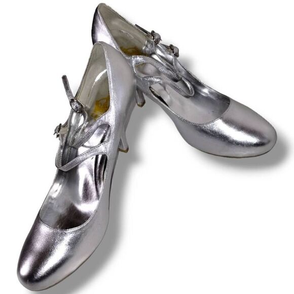 Crown‎ Dance Womens Shoes Sz 8.5 Silver Heels 4" Stiletto Double Straps Ballroom - Picture 1 of 11